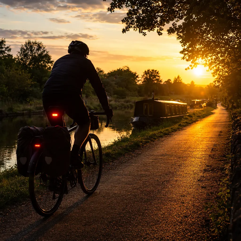 Cyclist with safety lights and panniers riding along a canal towpath at golden hour