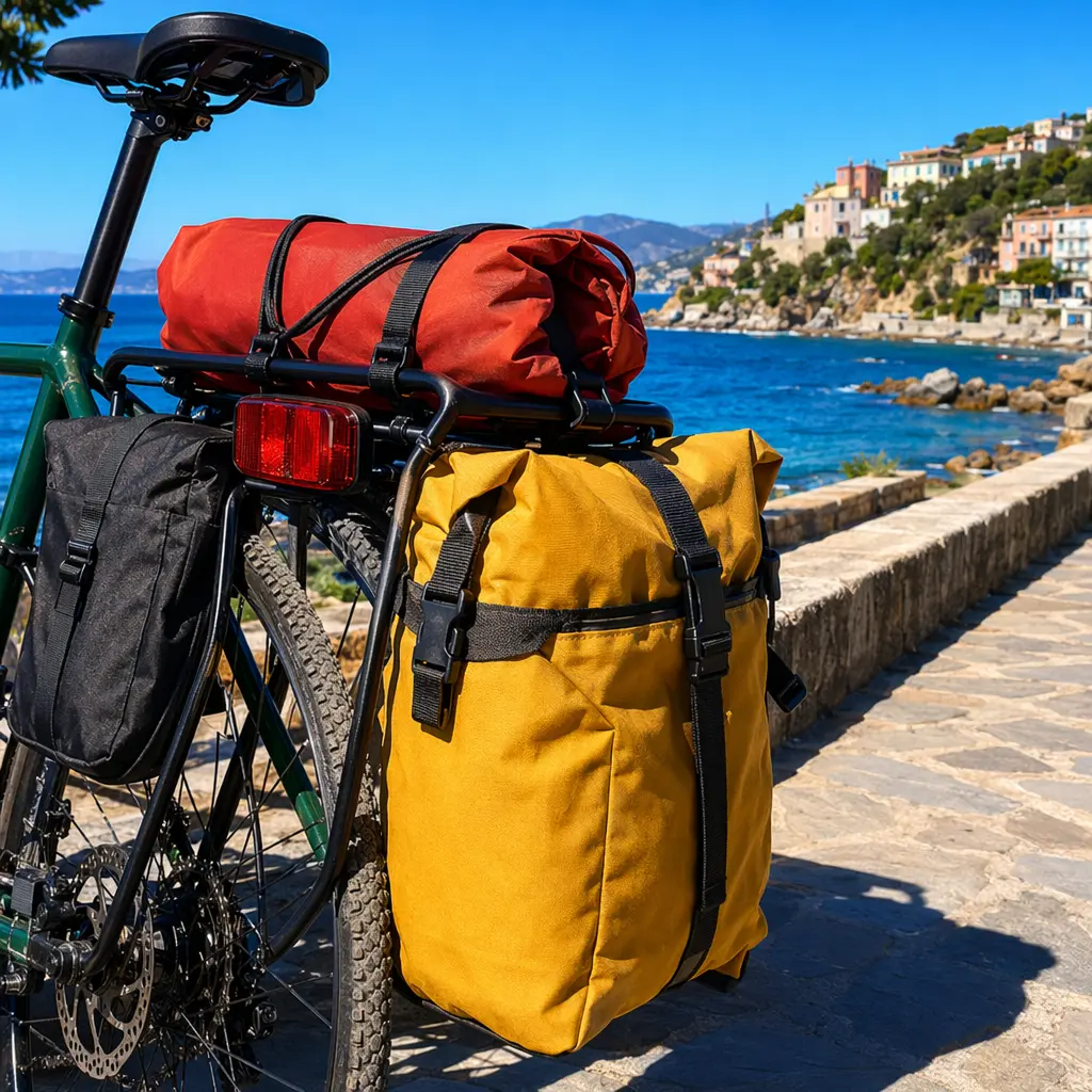 Rear rack and panniers on a bike in bright coastal sunshine