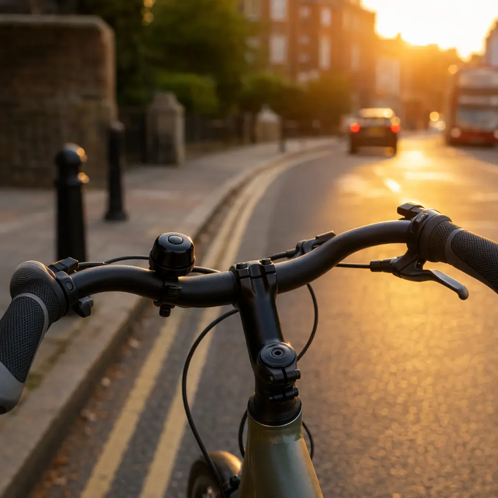 Ergonomic handlebar grips and controls lit by warm evening sunlight