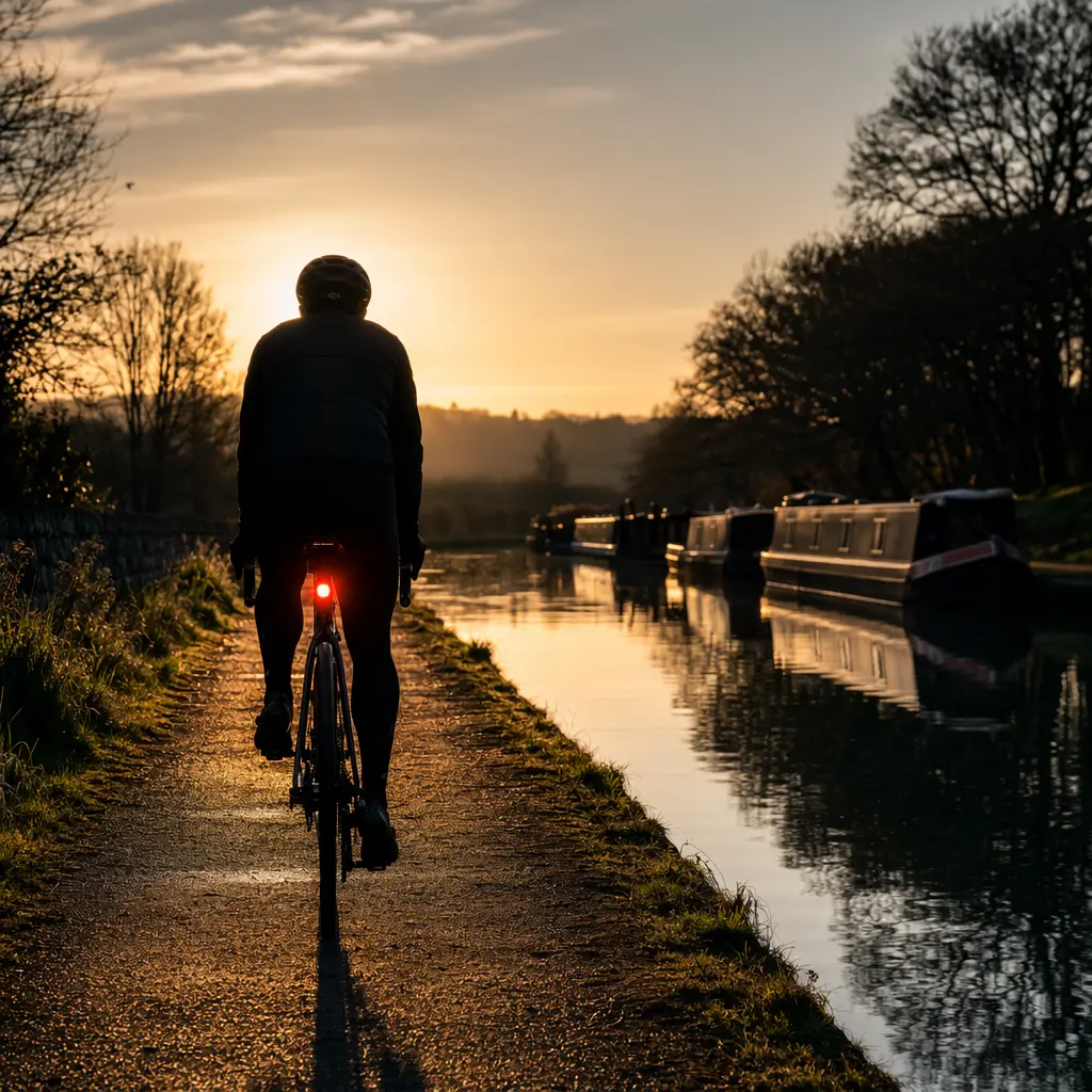 Cyclist riding along a canal with a bright rear light at sunset