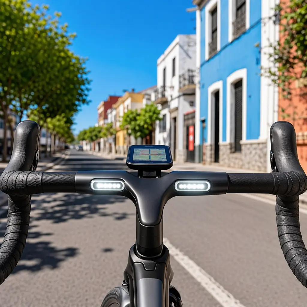 Close-up of a bicycle handlebar with premium lights and cycling computer in bright summer sunshine