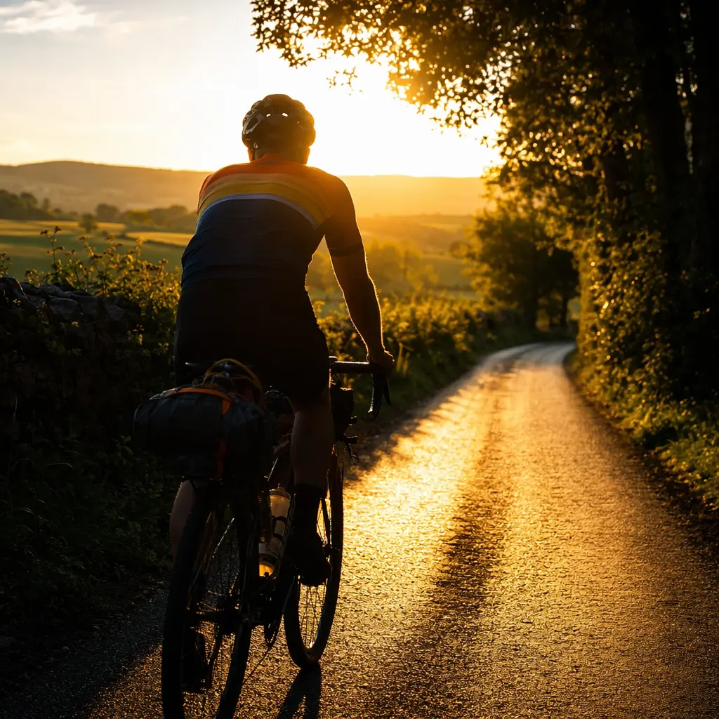Silhouette of a cyclist with high-quality accessories riding along a country lane in warm evening light