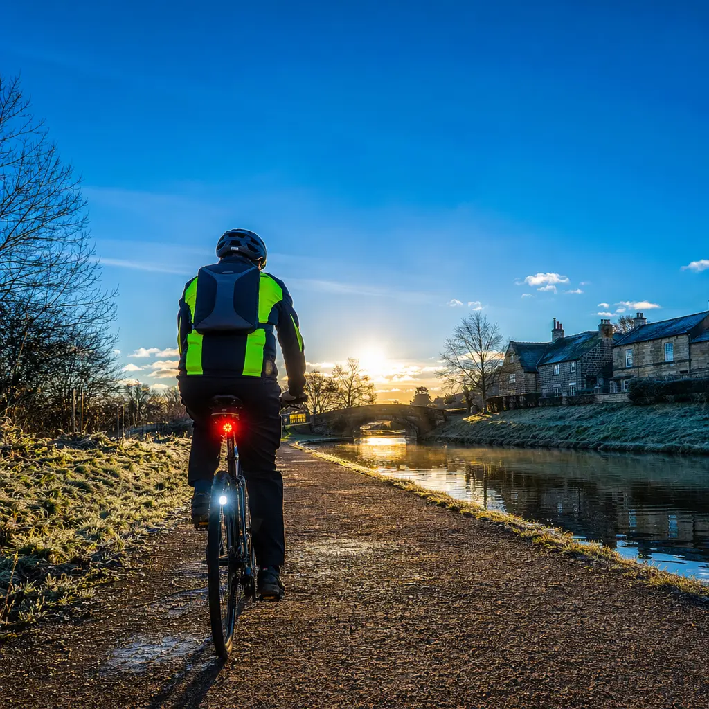 Winter commuter on a towpath with visible lights under clear blue sky