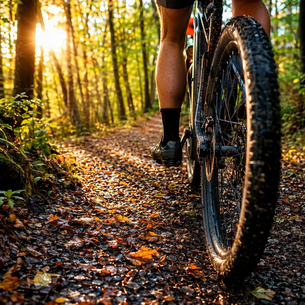 Close-up of bike tyres on a damp winter path in woodland light