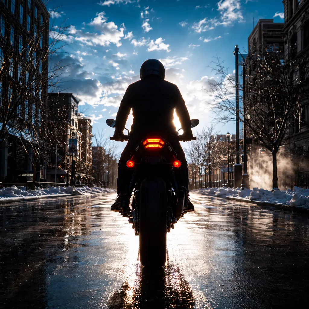 Cyclist riding in winter light with bright bike lights reflecting on wet road