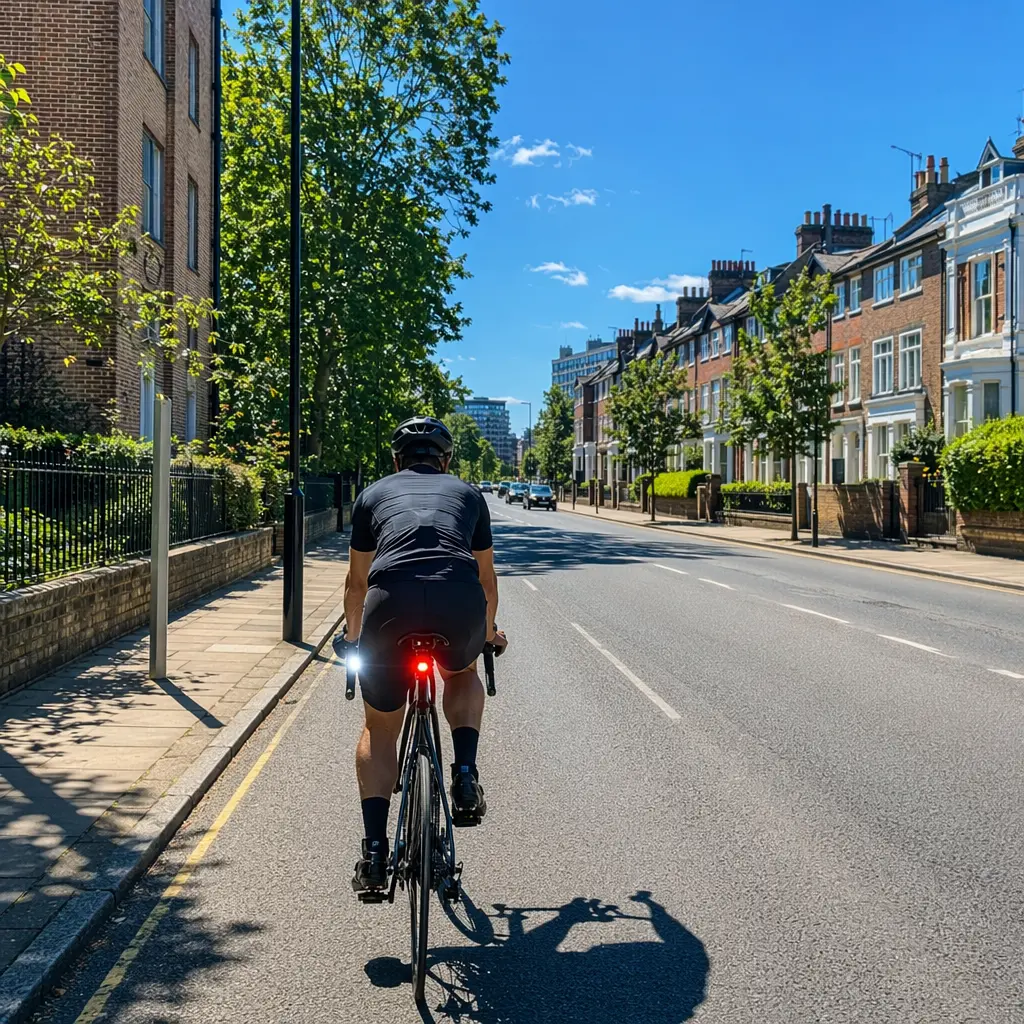 Cyclist using essential safety accessories on a sunny urban street