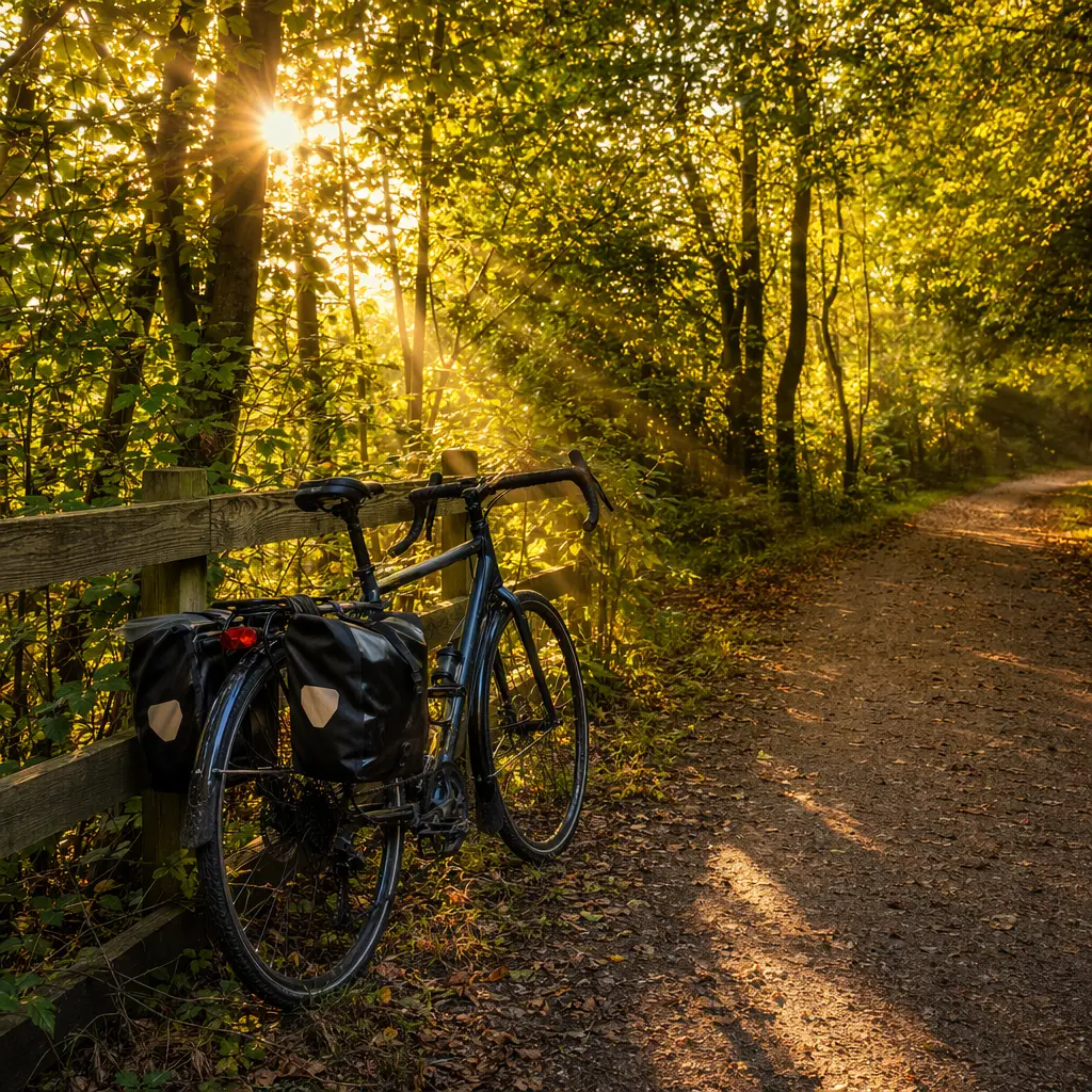 Bike equipped with practical accessories in warm morning woodland light