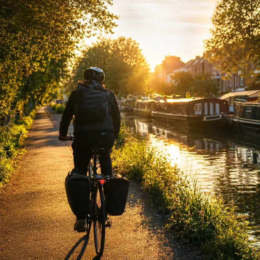 Commuter bike with accessories riding along a canal at golden hour