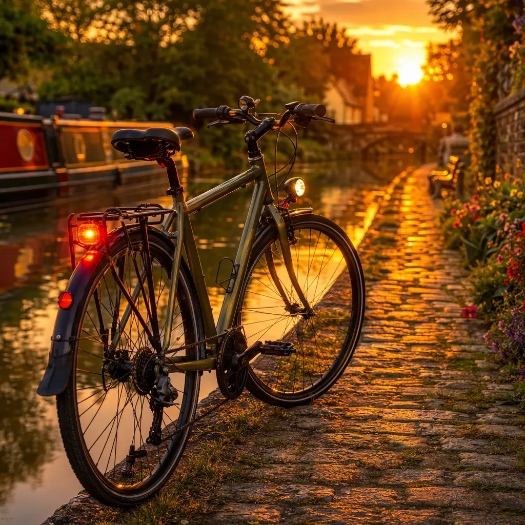 A bike by a canal towpath in warm evening light with lights fitted