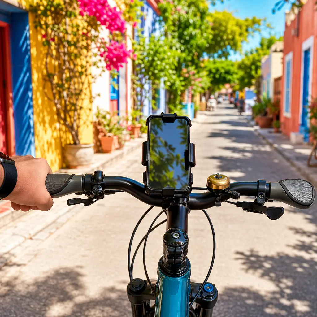 Handlebars fitted with grips and accessories in bright daylight