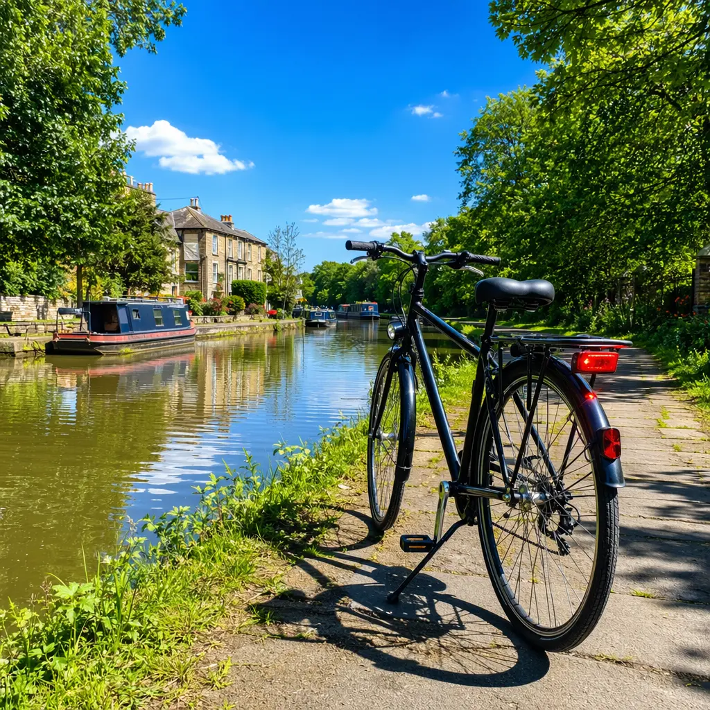 Commuter bike on a canal towpath in bright sunshine with visible safety accessories