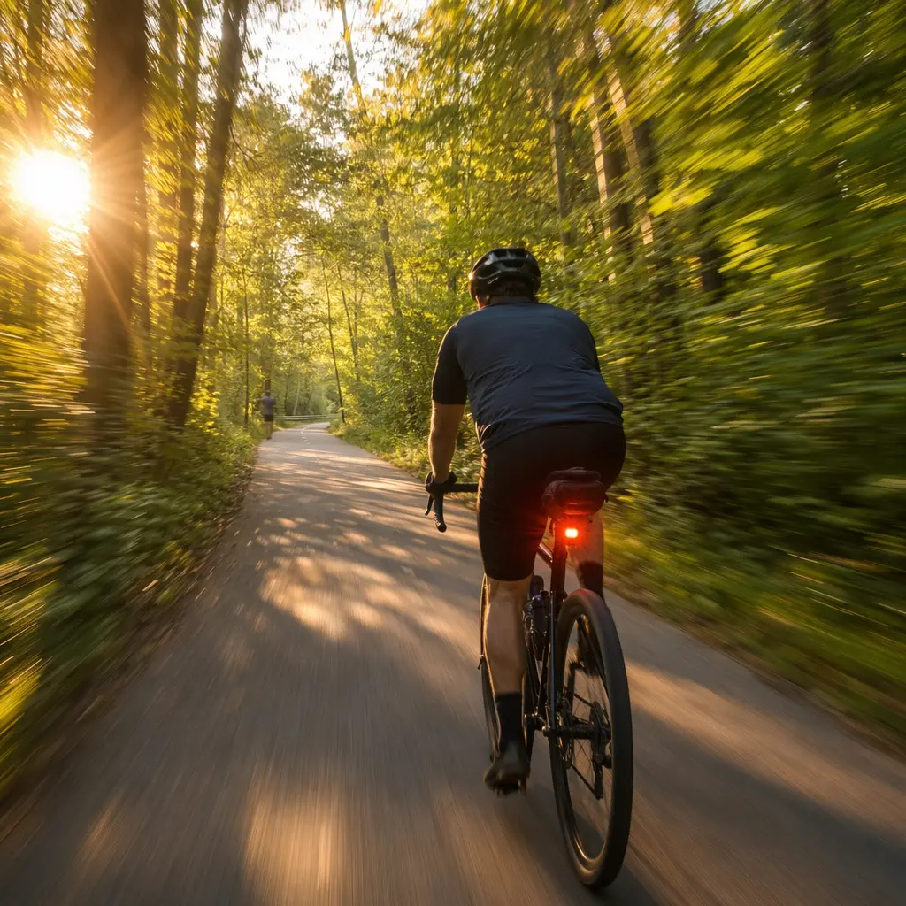 Cyclist riding on a woodland path with a clearly visible rear light in warm morning sun