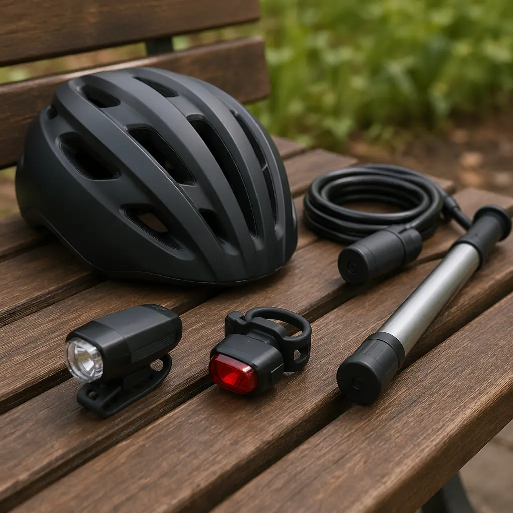 Common bicycle accessories laid out ready for use