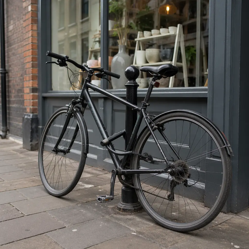 Bicycle secured with a solid lock in an urban UK setting