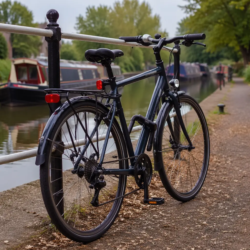 Commuter bike with practical accessories beside a UK canal towpath