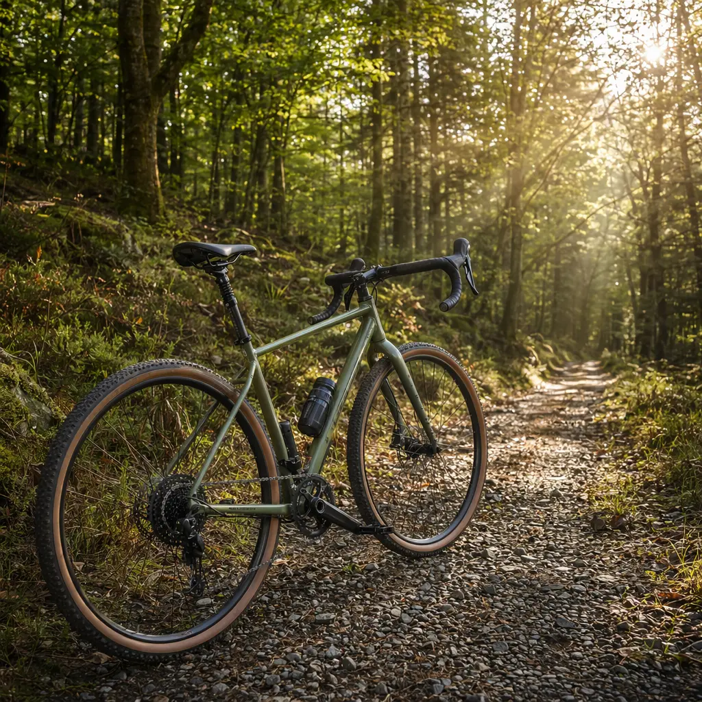 Bike with comfort-focused accessories riding through sunlit woodland