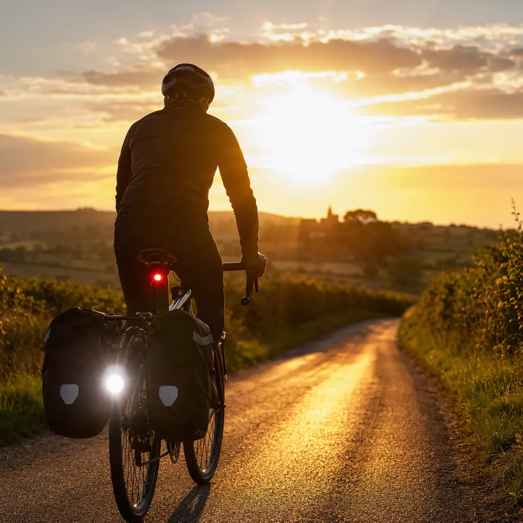 Cyclist riding along a sunlit country lane with upgraded bike accessories visible