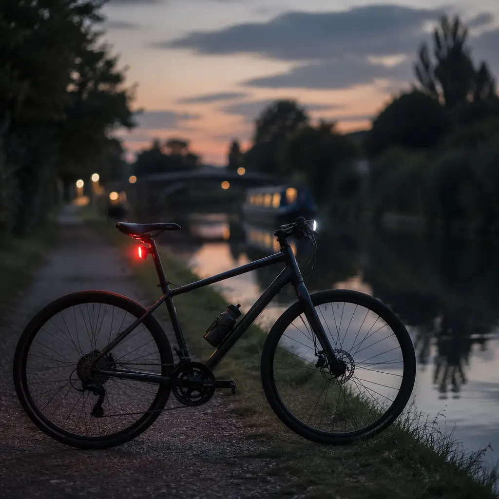 Bicycle lights in use on a UK canal towpath at twilight