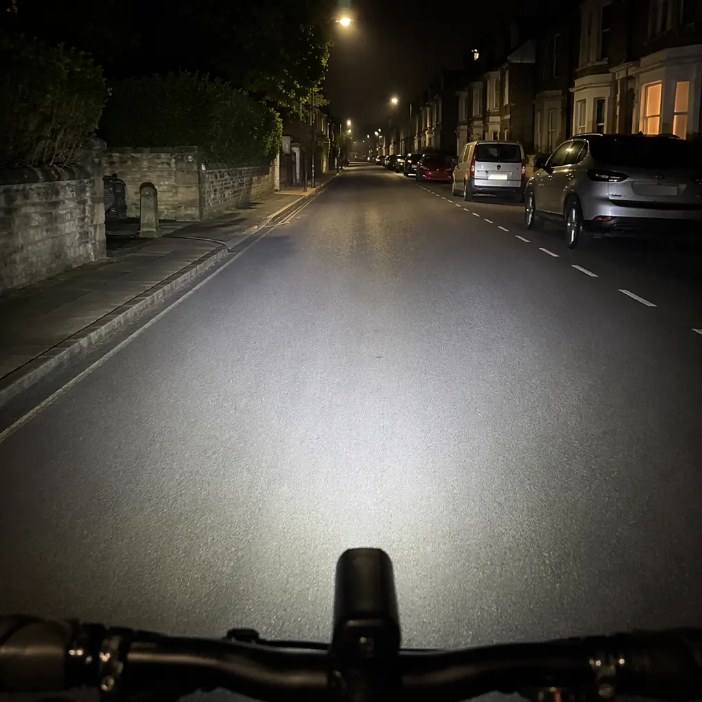 Bicycle headlight illuminating a quiet UK residential street at night