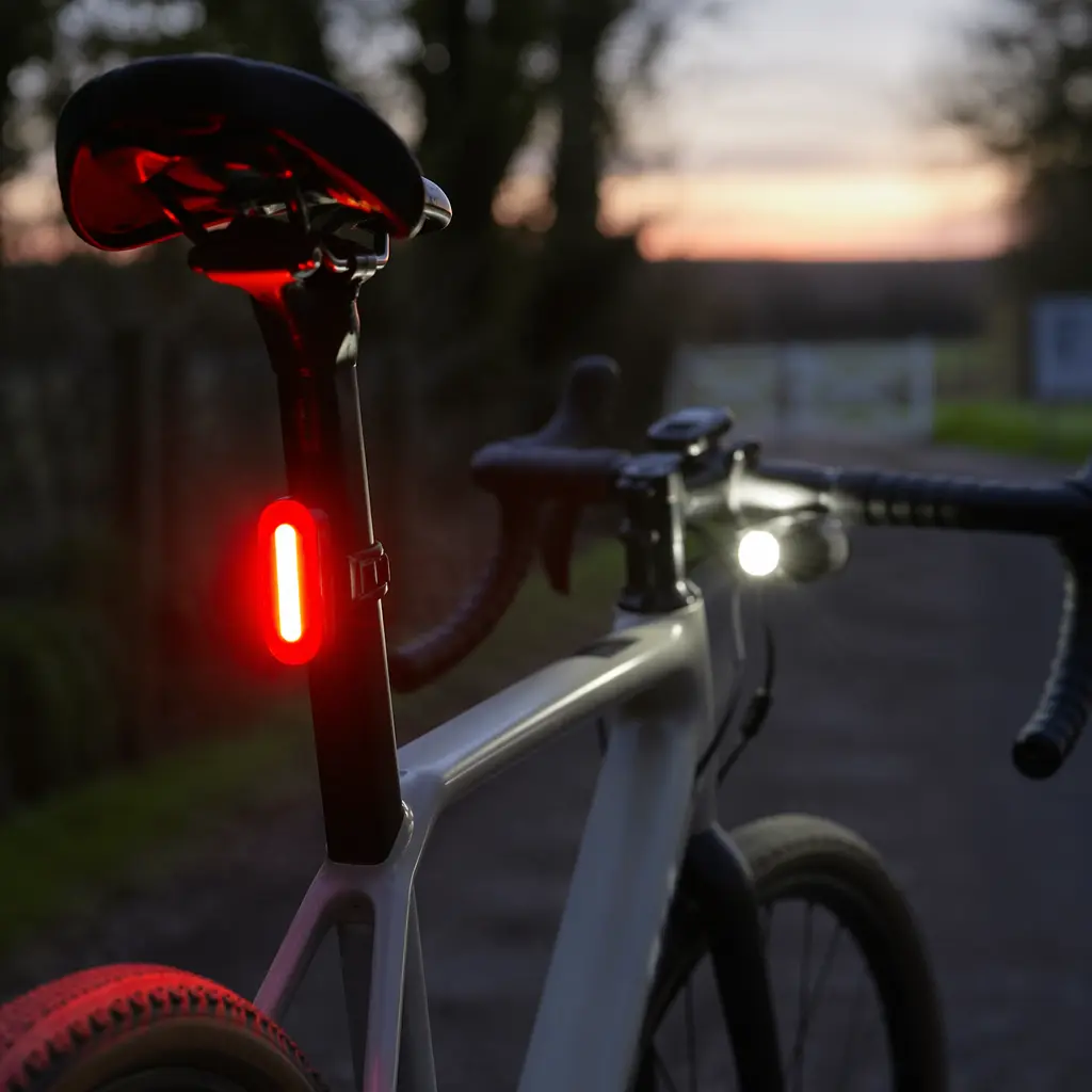Modern bicycle lights illuminated on a UK cycle path at dusk
