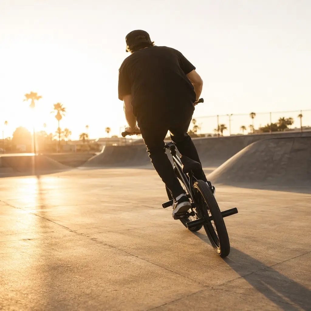 Beginner BMX bike riding at a skatepark with warm golden-hour light