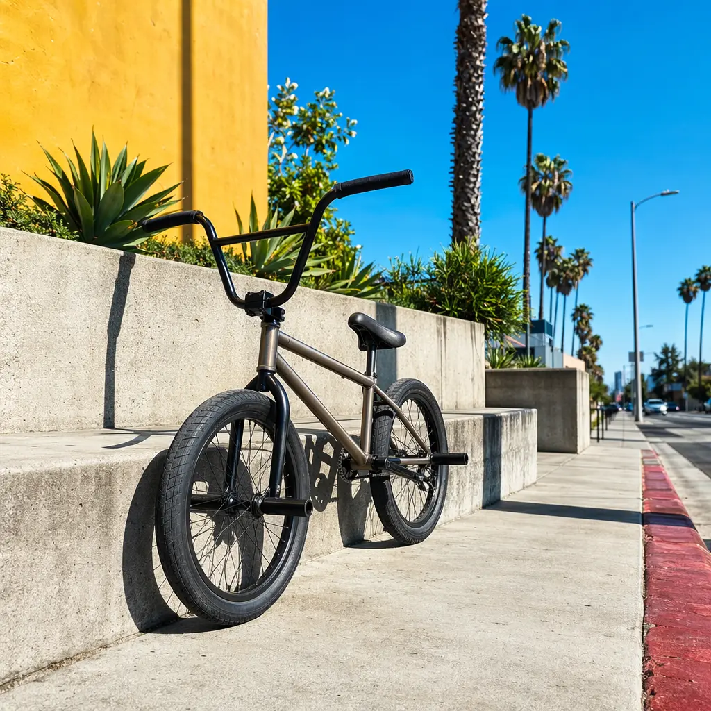 BMX bike photographed on a bright summer street with strong sunlight