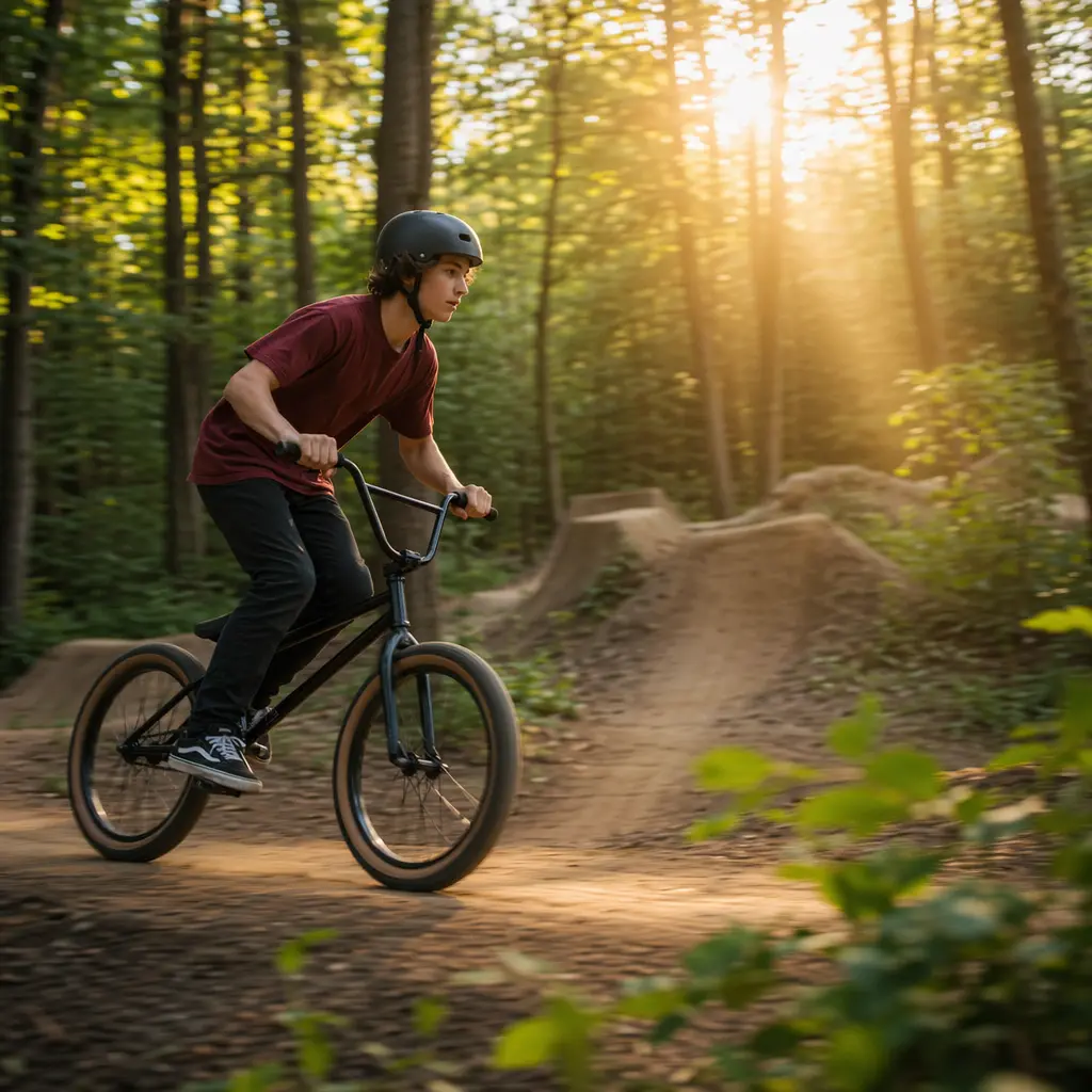 Teenager riding a BMX on dirt jumps in warm morning woodland light