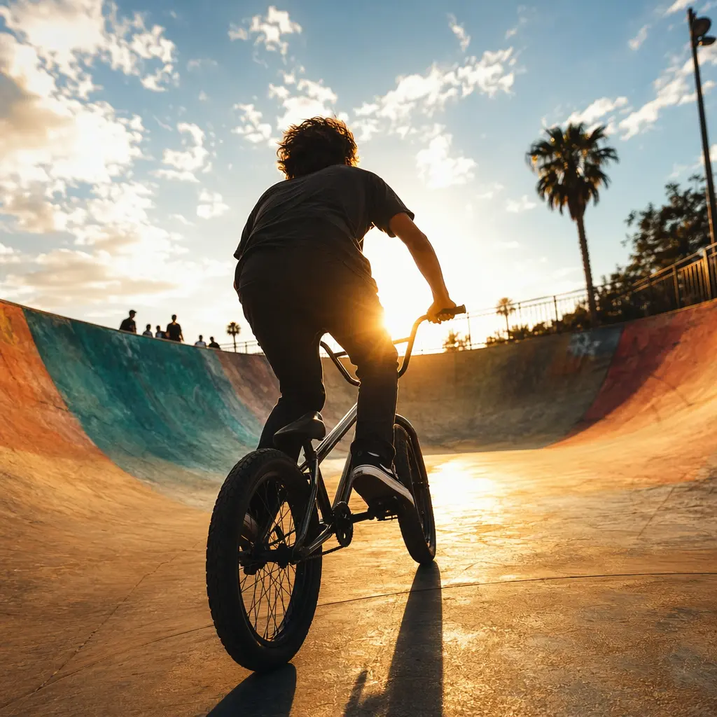 Teenage BMX rider at a skatepark in warm golden-hour light