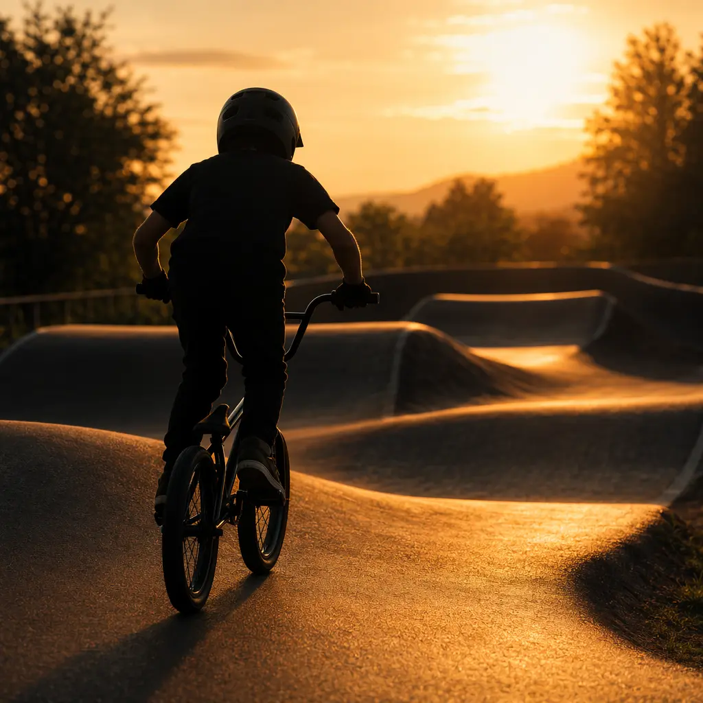 BMX rider on a pump track in warm golden-hour light