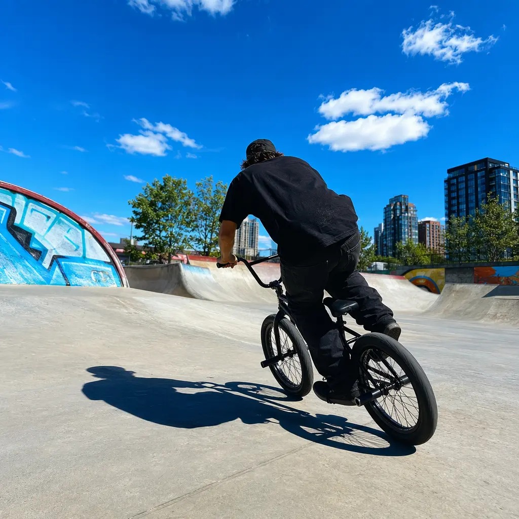 Budget BMX bike being ridden at a skate park in bright summer light