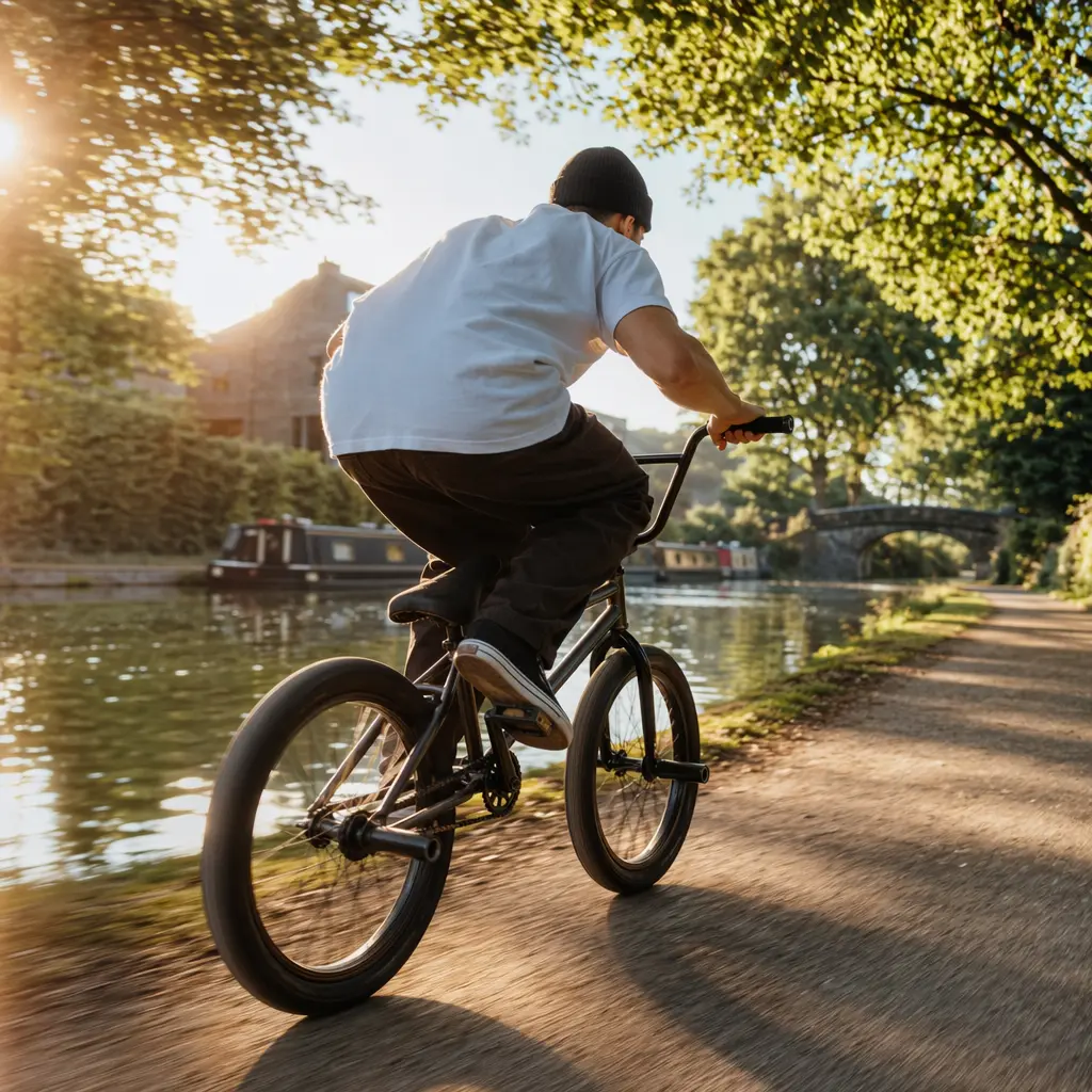 BMX bike riding along a canal towpath in warm morning sunlight