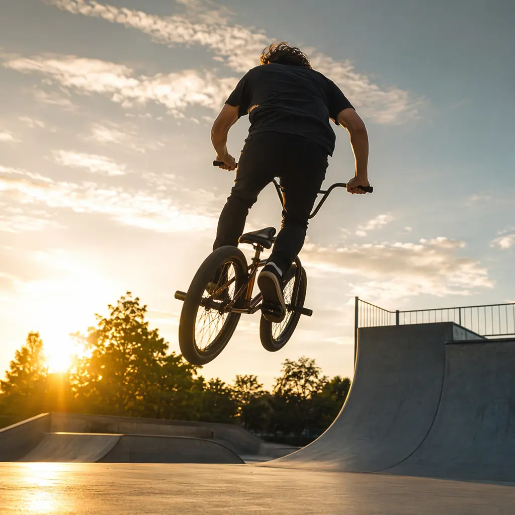 BMX bike in mid-air at a skatepark during golden hour, rider seen from behind
