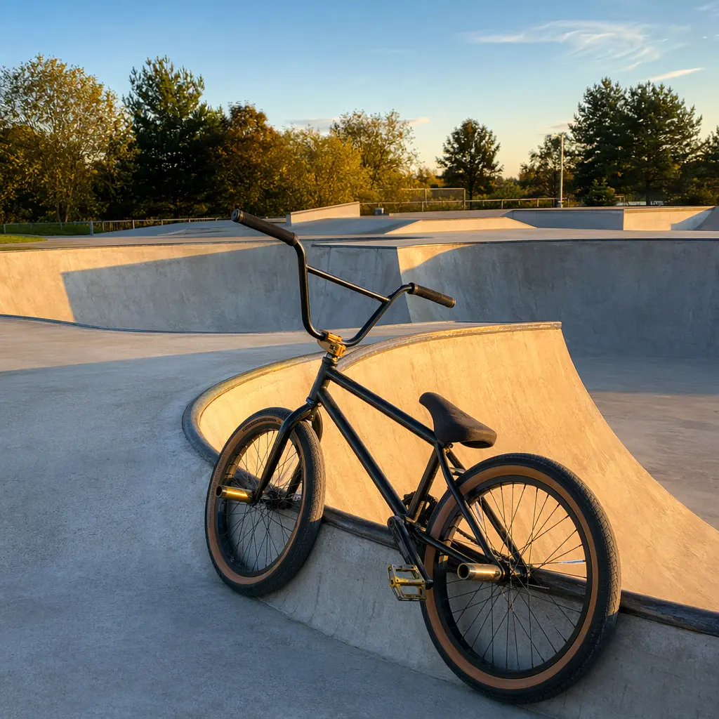 Sunlit skatepark with a BMX bike beside smooth concrete ramps