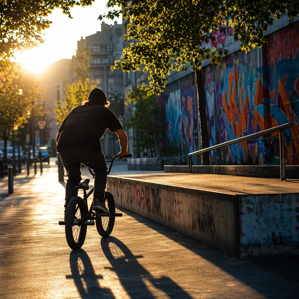 BMX rider approaching an urban street riding spot in warm sunlight