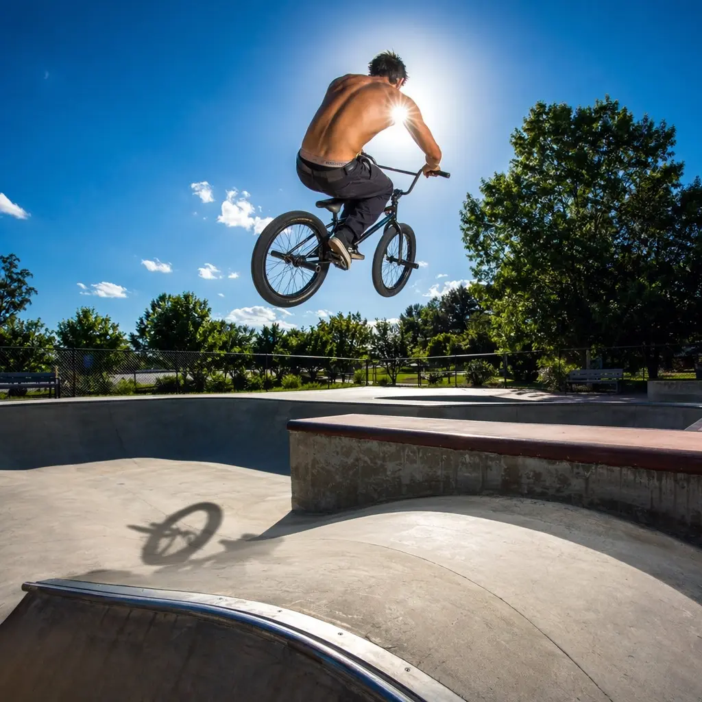 Silhouette of a BMX rider jumping in a sunlit skatepark