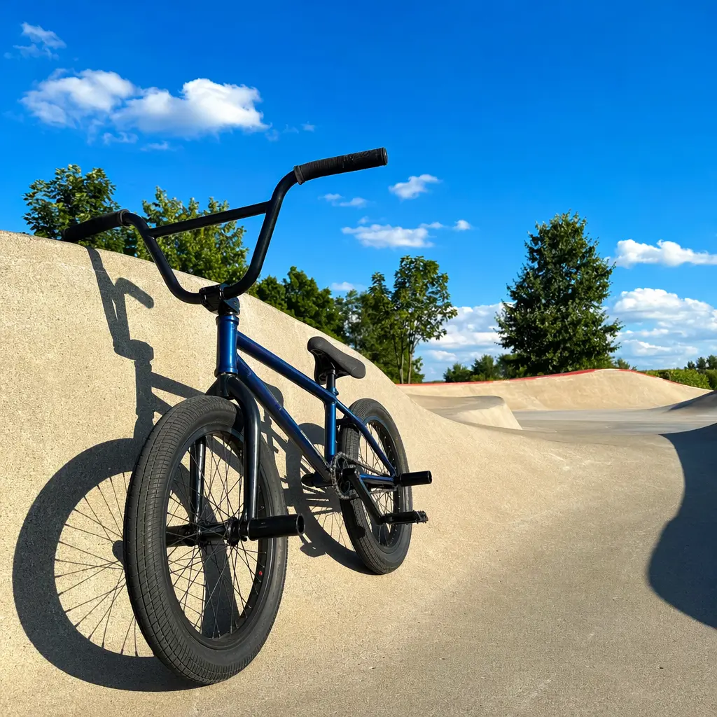 BMX bike resting beside a sunlit pump track under a bright blue sky