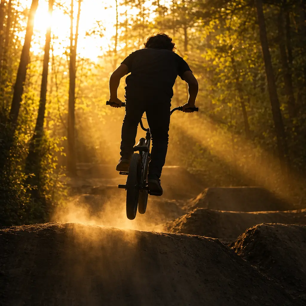 BMX rider on a dirt pump track with sunlight filtering through trees
