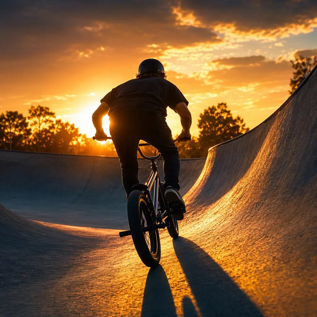 Silhouetted BMX rider at a skatepark during golden hour, showing strong frame lines and durable components