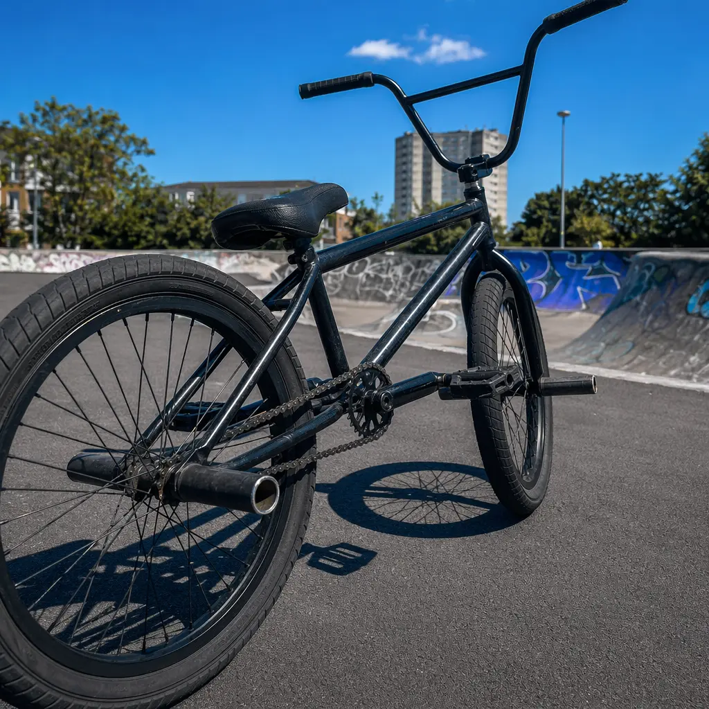 BMX bike resting near a skatepark bowl under a bright blue sky