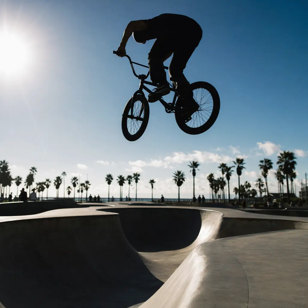 Silhouetted BMX rider launching out of a sunlit skatepark bowl