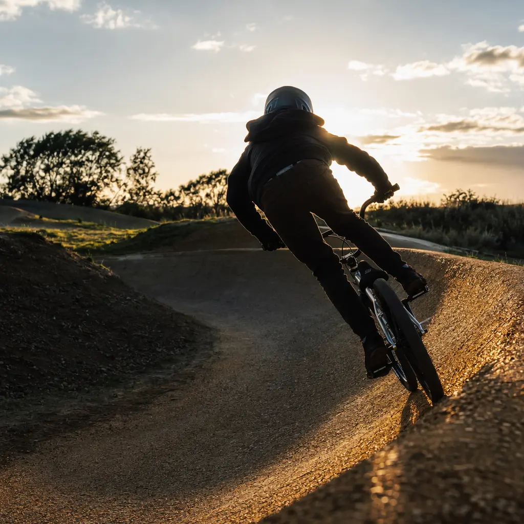 BMX rider silhouette pumping through a sunlit track berm at golden hour