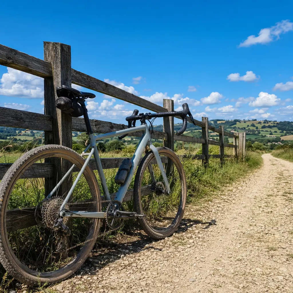 Gravel bike resting on a sunny bridleway under a blue sky