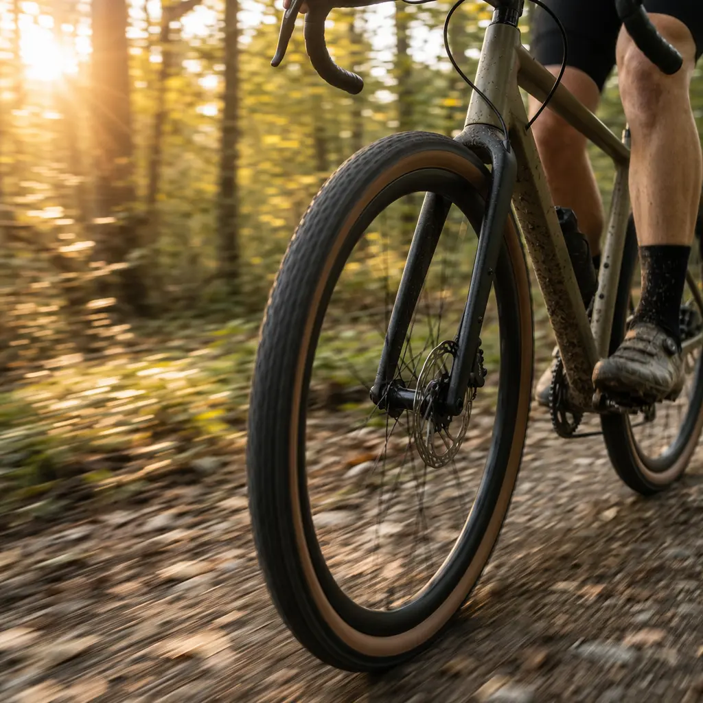 Close-up of a gravel bike tyre and disc brake in woodland light