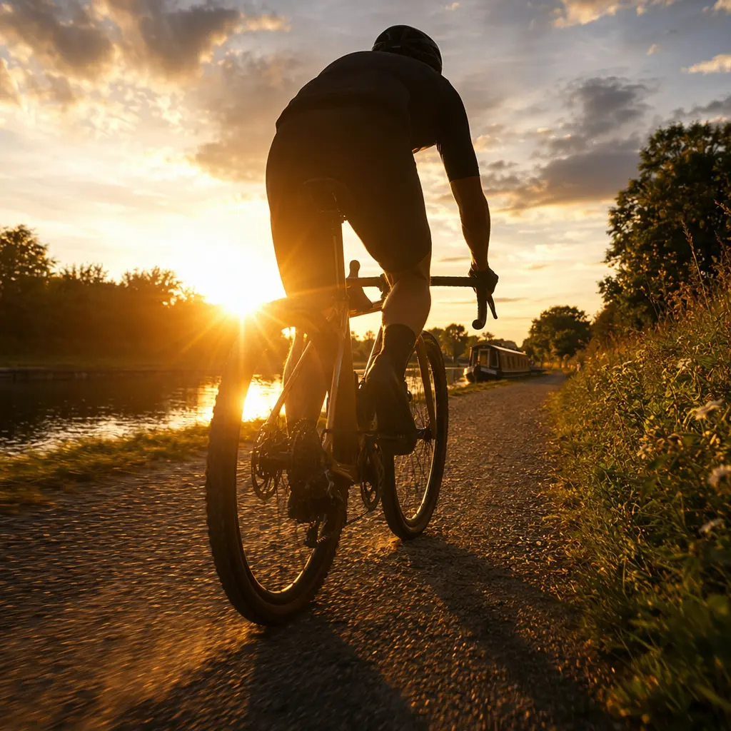 Silhouetted rider on a gravel bike at golden hour on a canal towpath