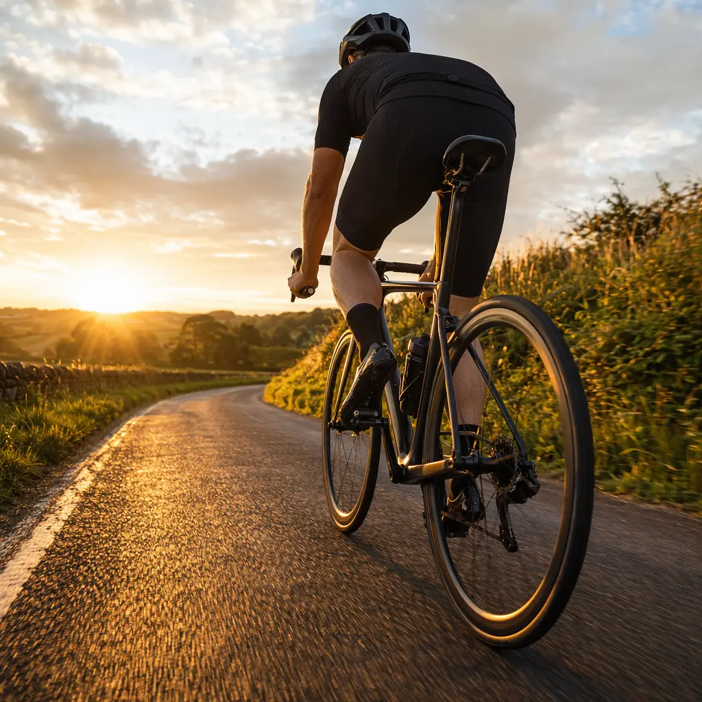 A performance road bike ridden along a UK country lane in warm golden-hour light