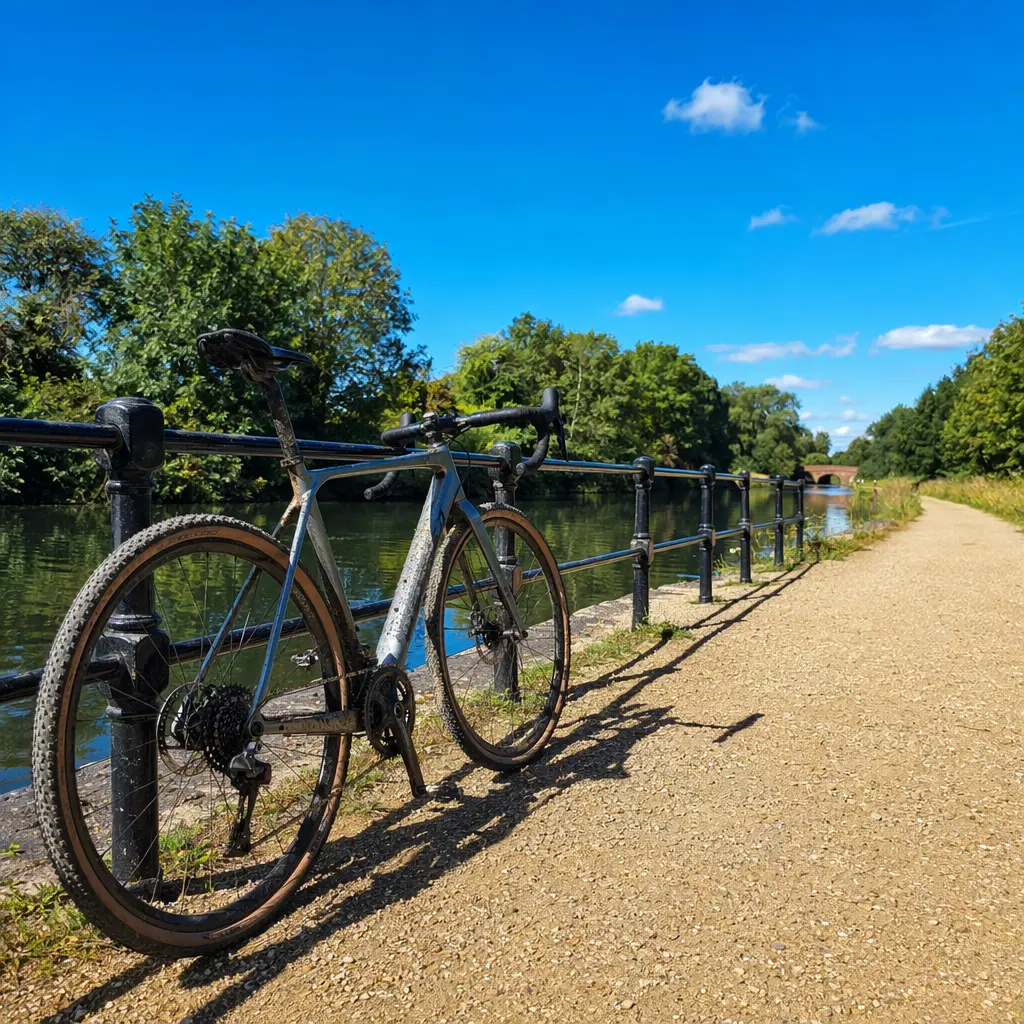 A cyclocross-style bike beside a sunny canal towpath