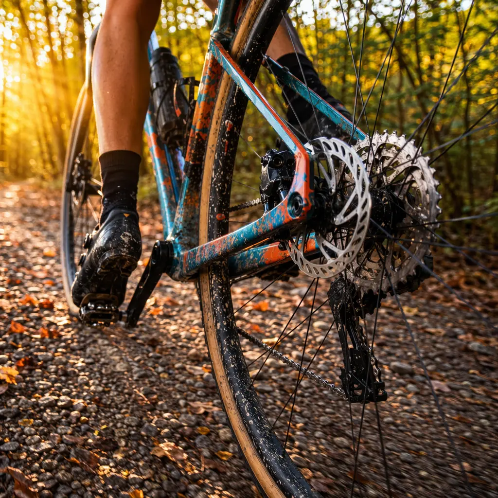 Close-up of a cyclocross bike drivetrain and disc brake on a sunny gravel track