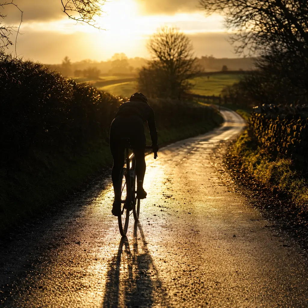 A cyclocross-style bike ridden along a sunlit UK country lane at golden hour