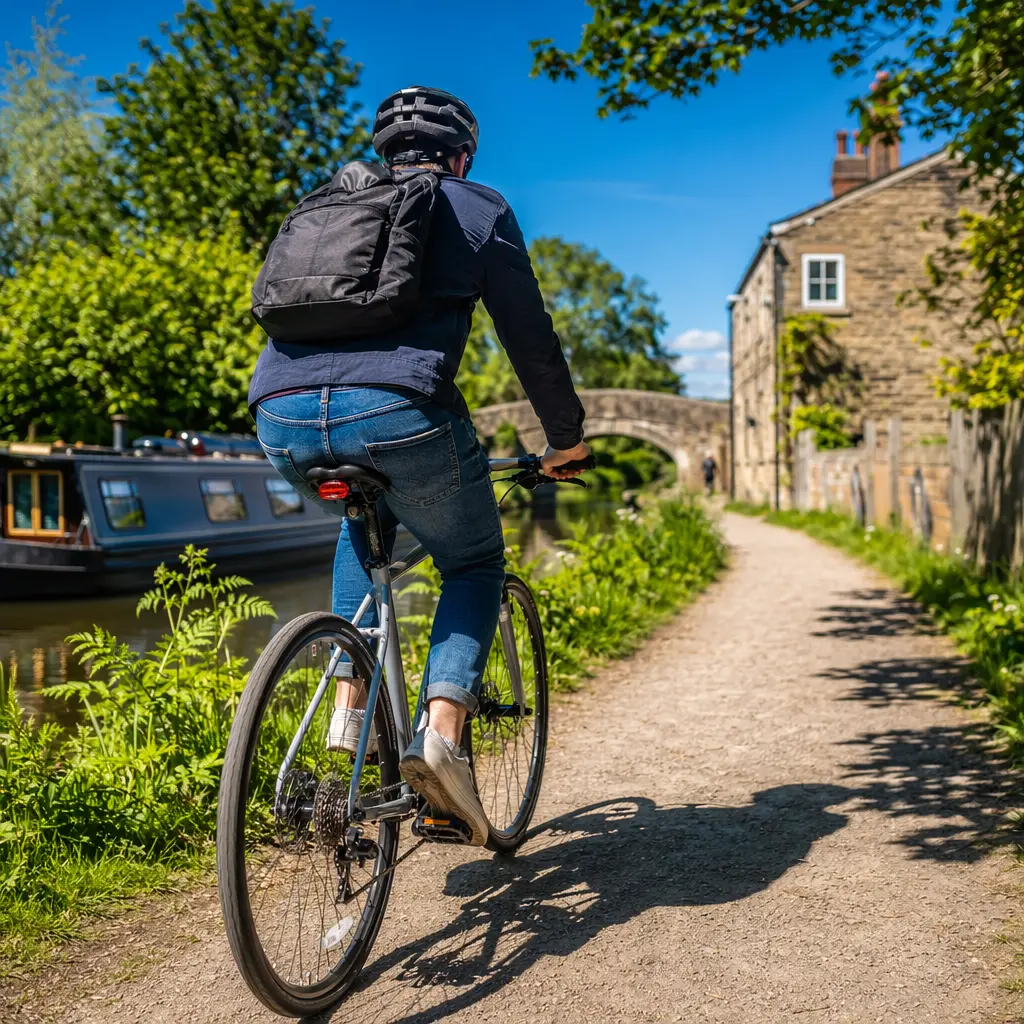 A modern hybrid bike being ridden along a sunny canal towpath in the UK