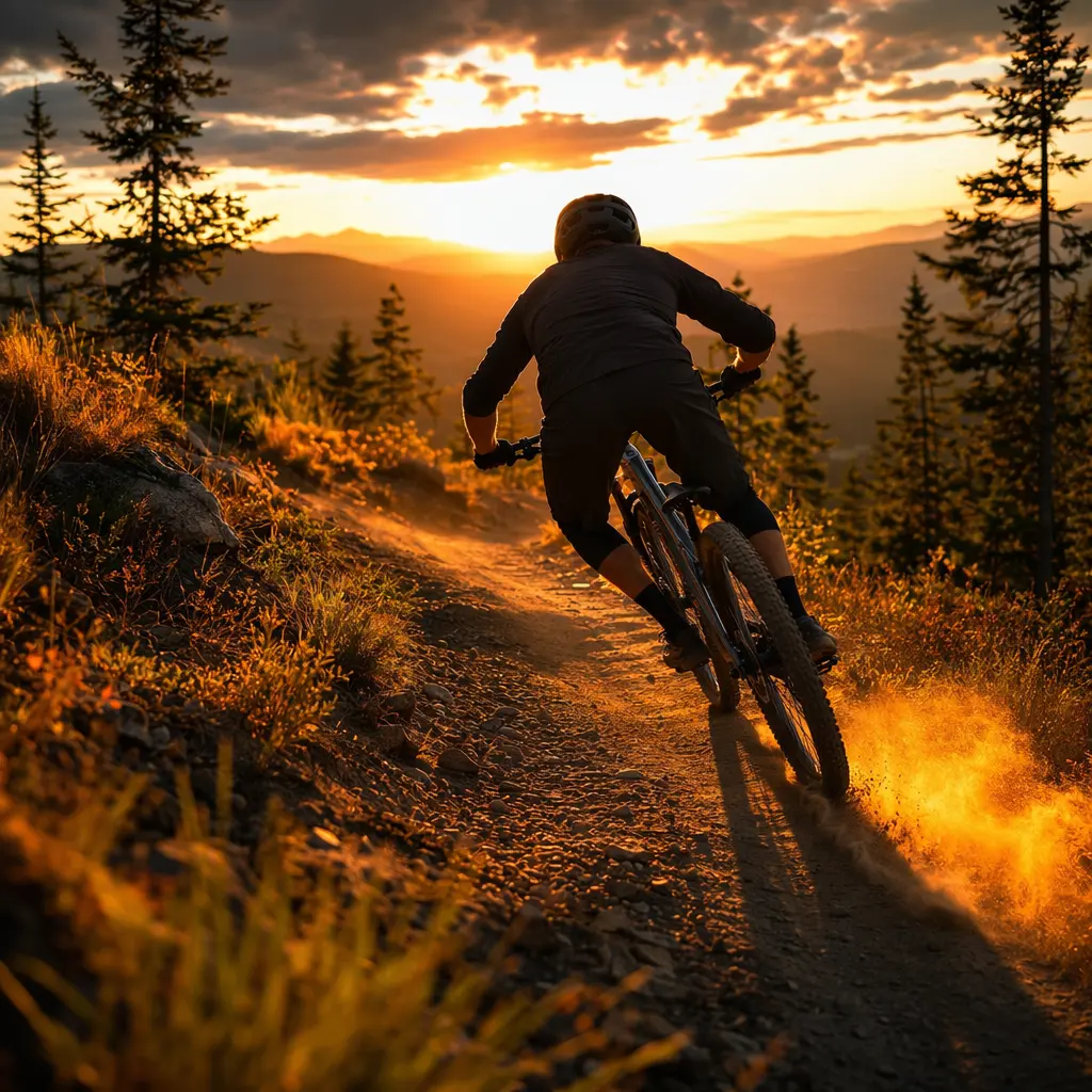 A modern hardtail mountain bike ridden on a sunlit trail, shown as a silhouette at golden hour.